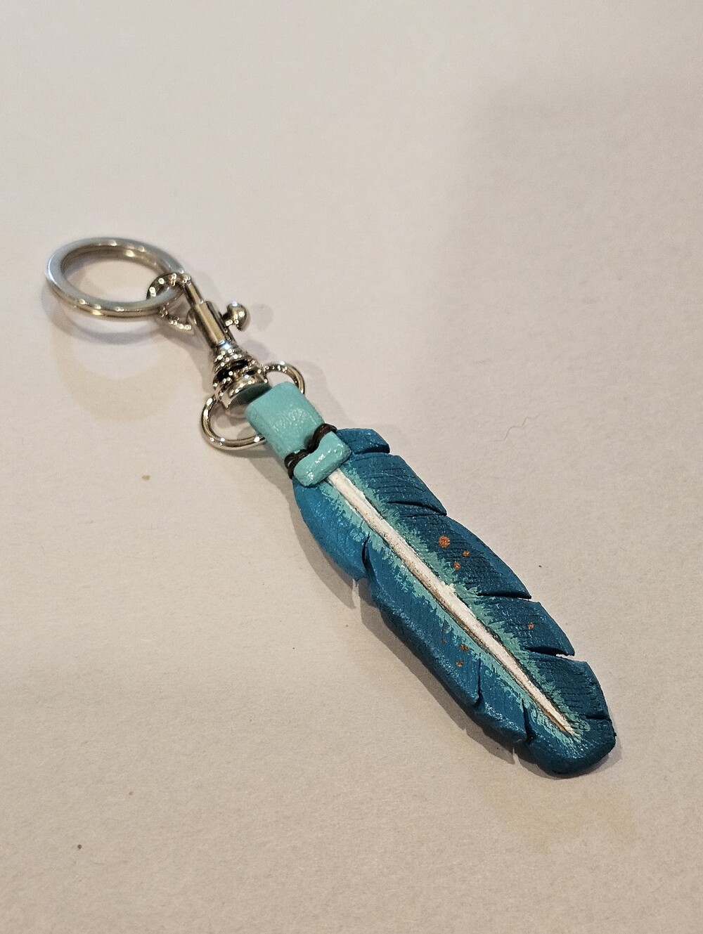 Handmade Leather Feather Keychain - Turquoise Accent